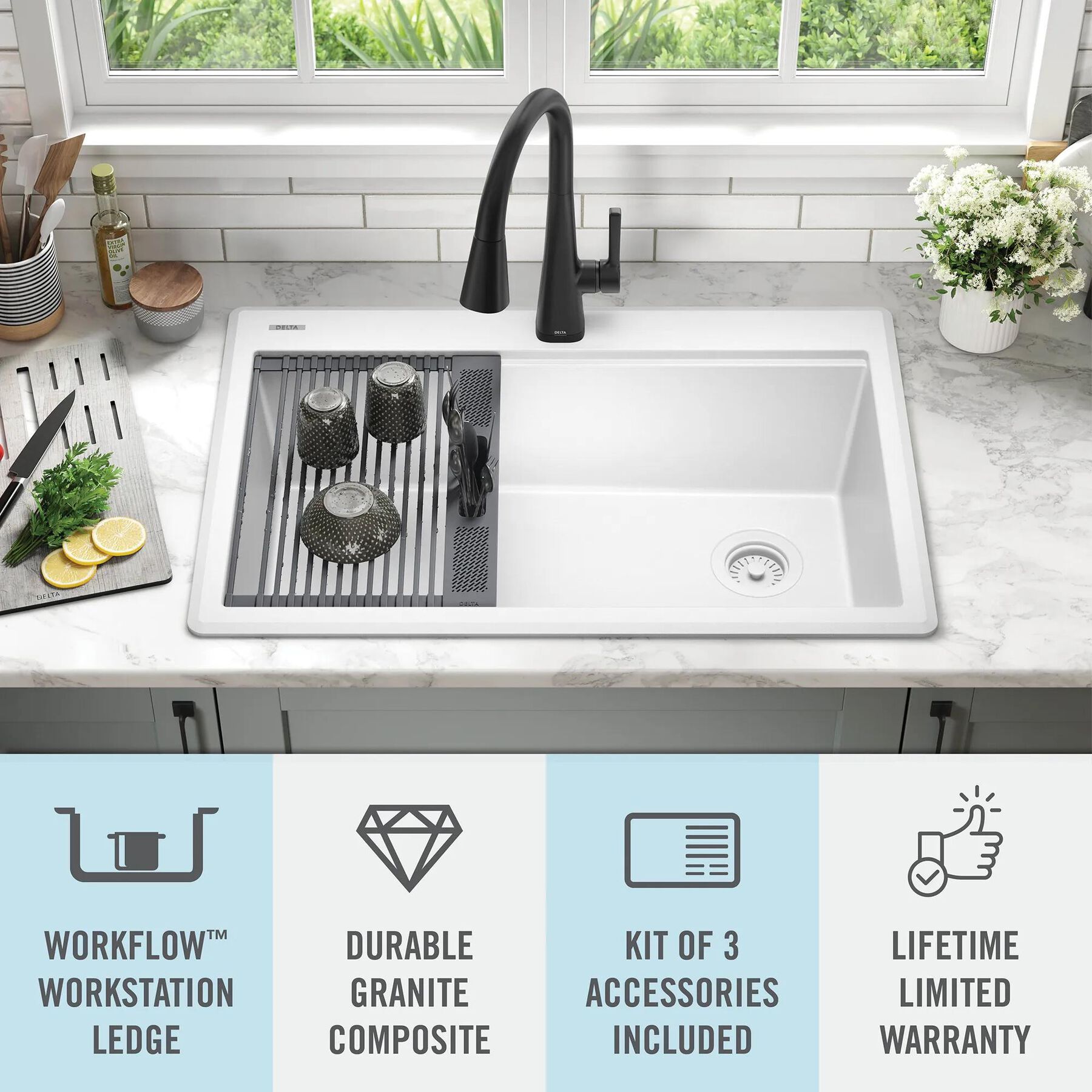 33&rdquo;&nbsp;Granite Composite&nbsp;Workstation Kitchen Sink&nbsp;Drop-In&nbsp;Top Mount Single Bowl with&nbsp;WorkFlow&trade; Ledge and Accessories